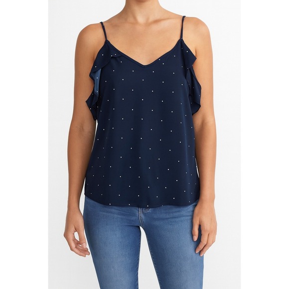 Abercrombie & Fitch Navy Polka Dot Ruffle Cold Shoulder Cami Top - Picture 1 of 5